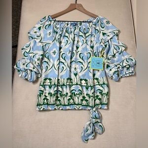 NWT CeCe Blouse - Women's Small Blue Green White - Ruffled Patterned